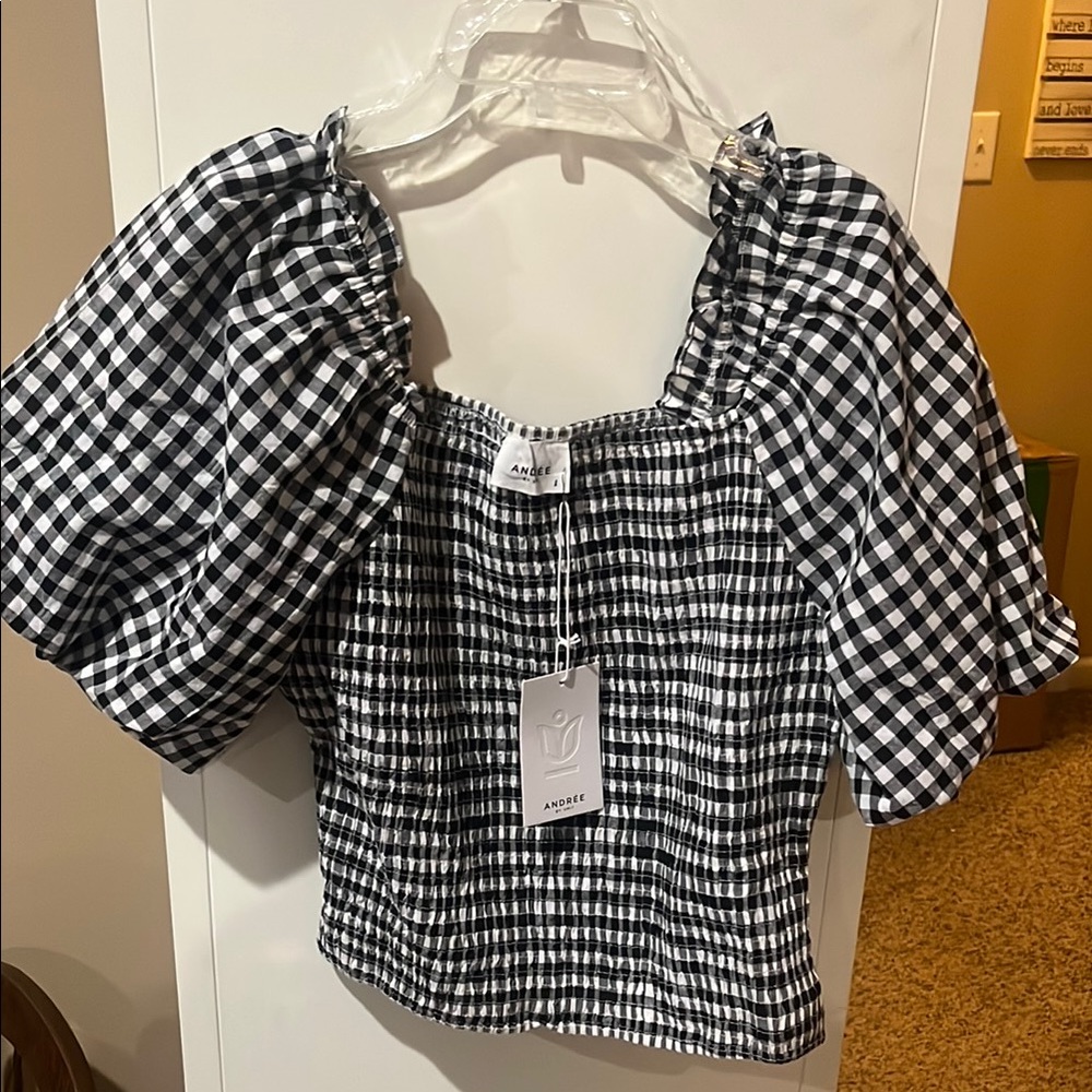 Andree Black and White Puff Sleeve Smocked Blouse